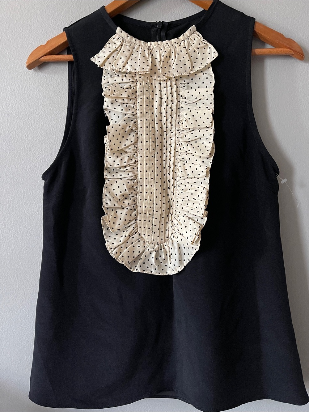 Karen Zambos 100% Silk Black Sleeveless Top with Cream Polka Dot Ruffle Bib